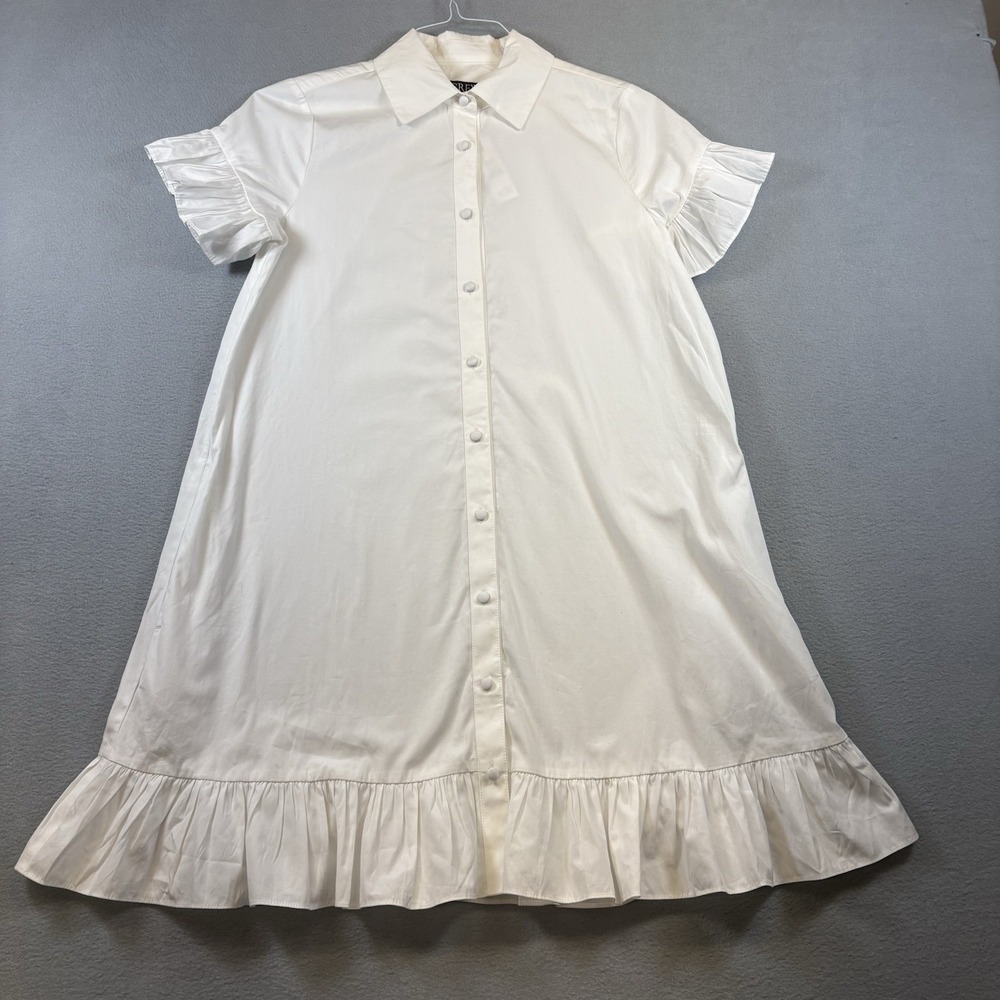 J.Crew Womens XS White Ruffle Sleeve Button Front Midi Shirt Dress Cotton